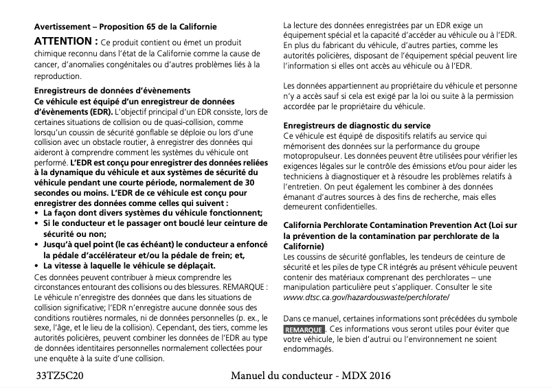 Page 1 de la notice Manuel utilisateur Acura MDX (2016)