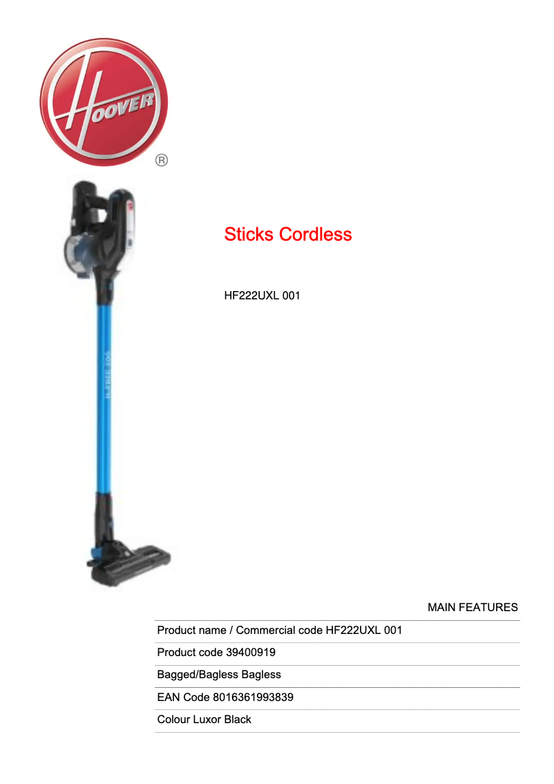 Page n°1 - Fiche technique Hoover H-FREE 200 HF222UXL 001