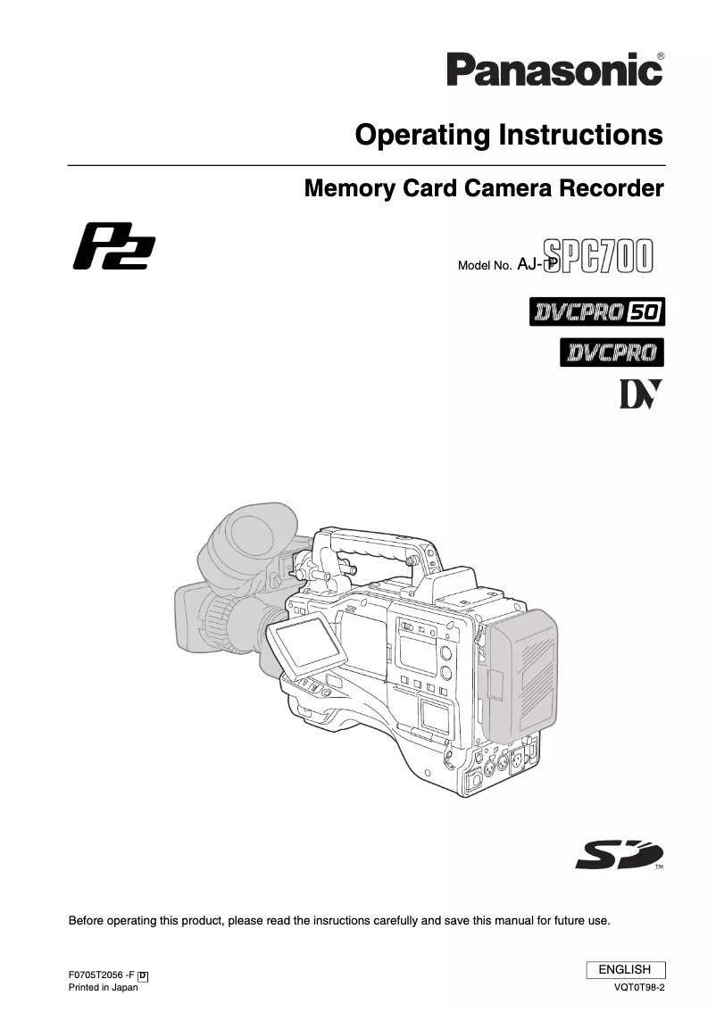 Page 1 de la notice Manuel utilisateur Panasonic AJ-SPC700