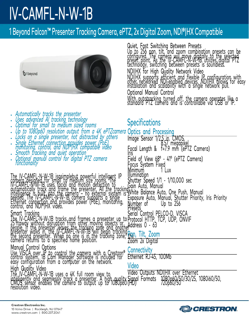 Page 1 de la notice Fiche technique Crestron IV-CAMFL-N-W-1B