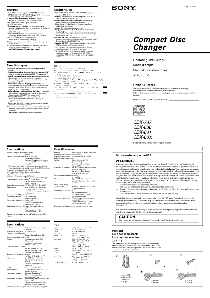 Page 1 de la notice Manuel utilisateur Sony CDX-60X