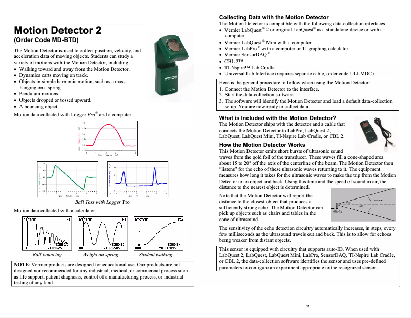 Page n°1 - Manuel utilisateur Vernier Motion Detector MD-BTD
