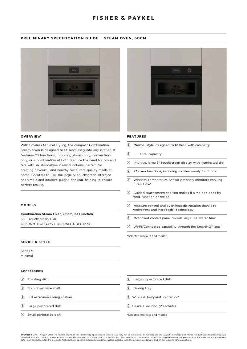 Page 1 de la notice Fiche technique Fisher & Paykel OS60NMTDG1