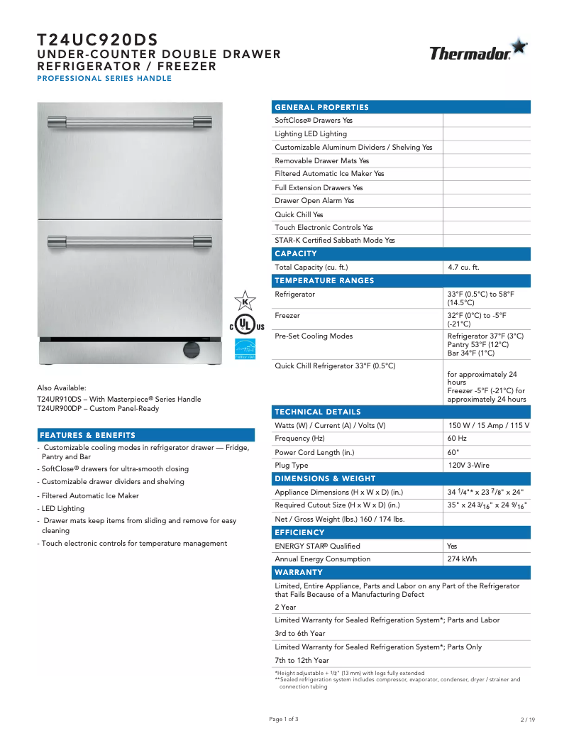 Page 1 de la notice Fiche technique Thermador T24UC920DS
