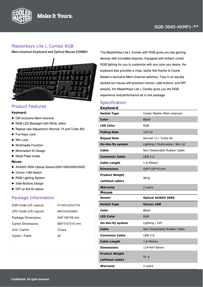 Page 1 de la notice Fiche technique Cooler Master MasterKeys Lite L RGB Combo