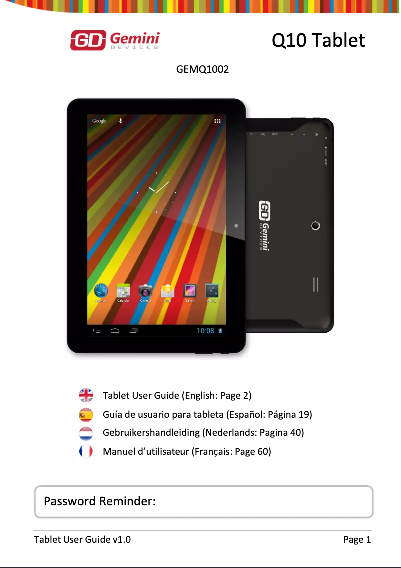 Page 1 de la notice Manuel utilisateur Gemini Q10 Tablet GEMQ1002
