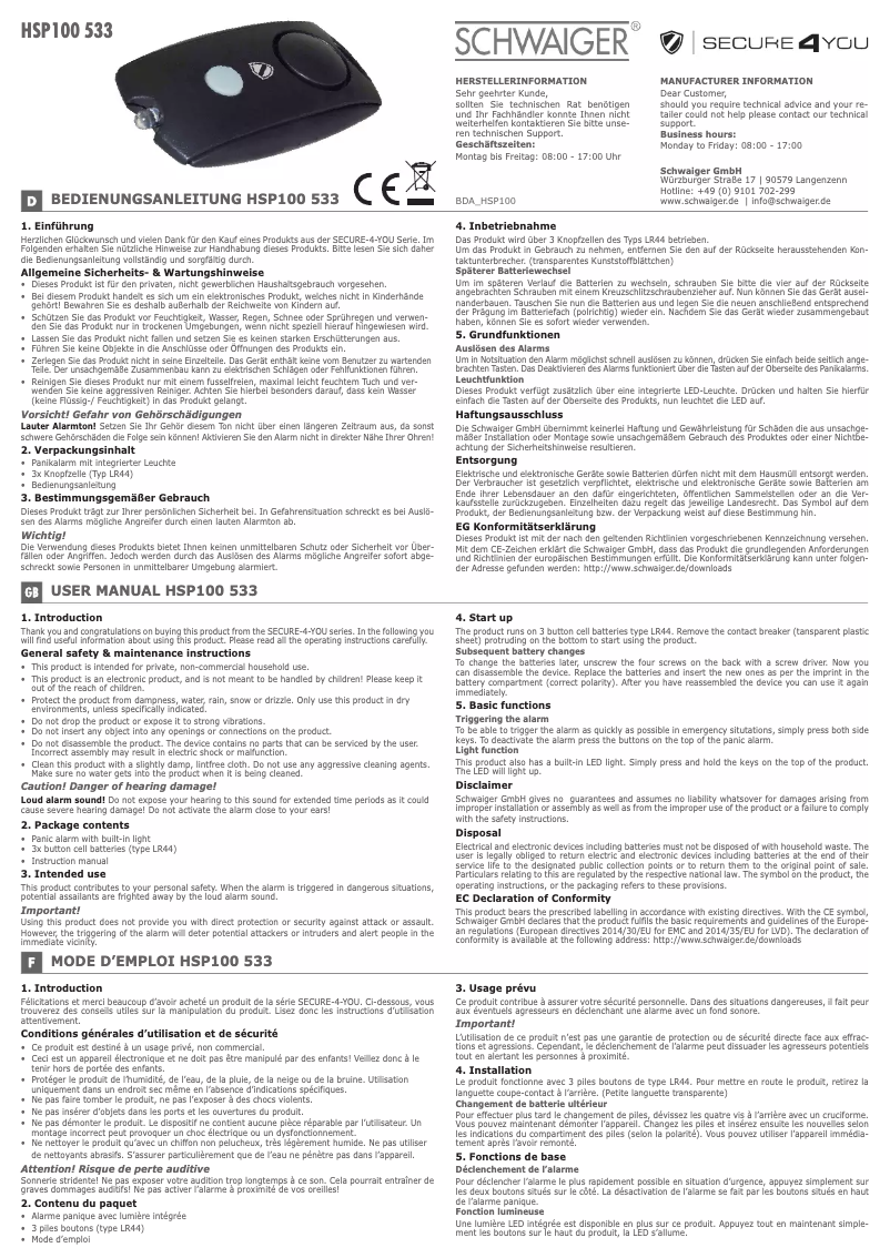 Page n°1 - Manuel utilisateur Schwaiger HSP100 533