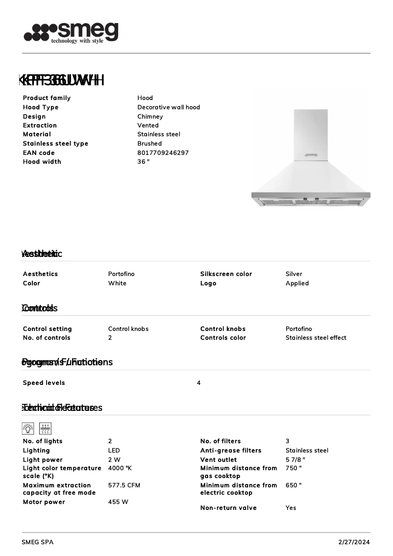 Page 1 de la notice Fiche technique Smeg KPF36UWH