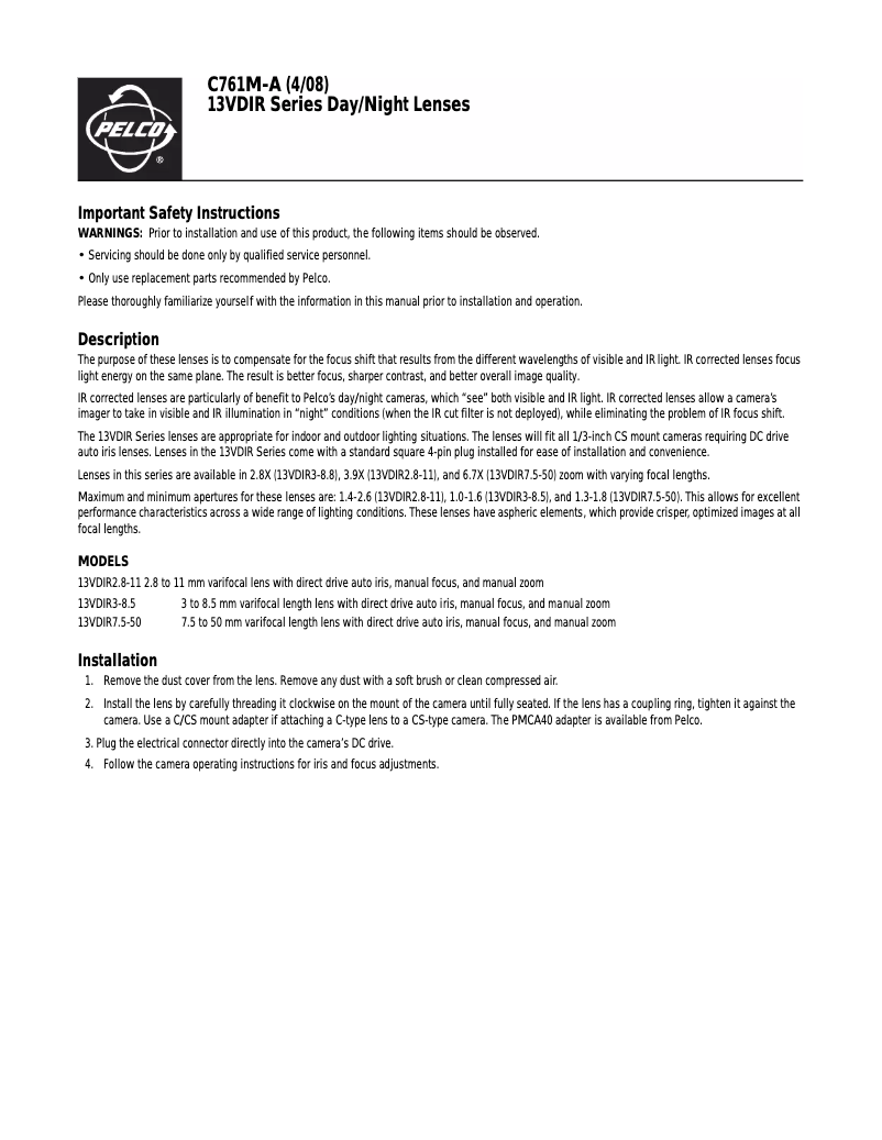 Page n°1 - Manuel utilisateur Pelco 13VDIR3-8.5