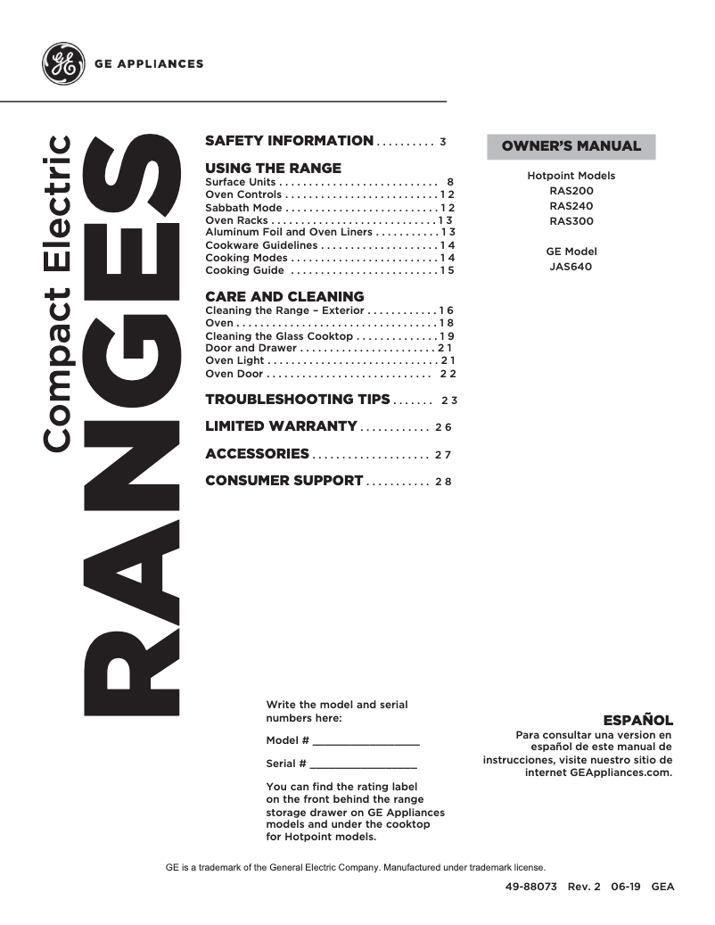 Page 1 of the manual Use and Maintenance Manual GE RAS200DMWW