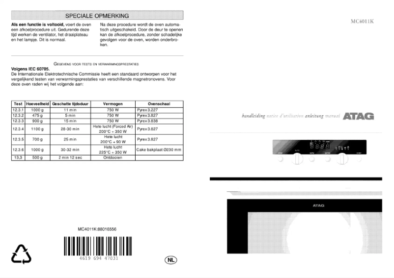 Page 1 de la notice Manuel utilisateur Atag MC4011K