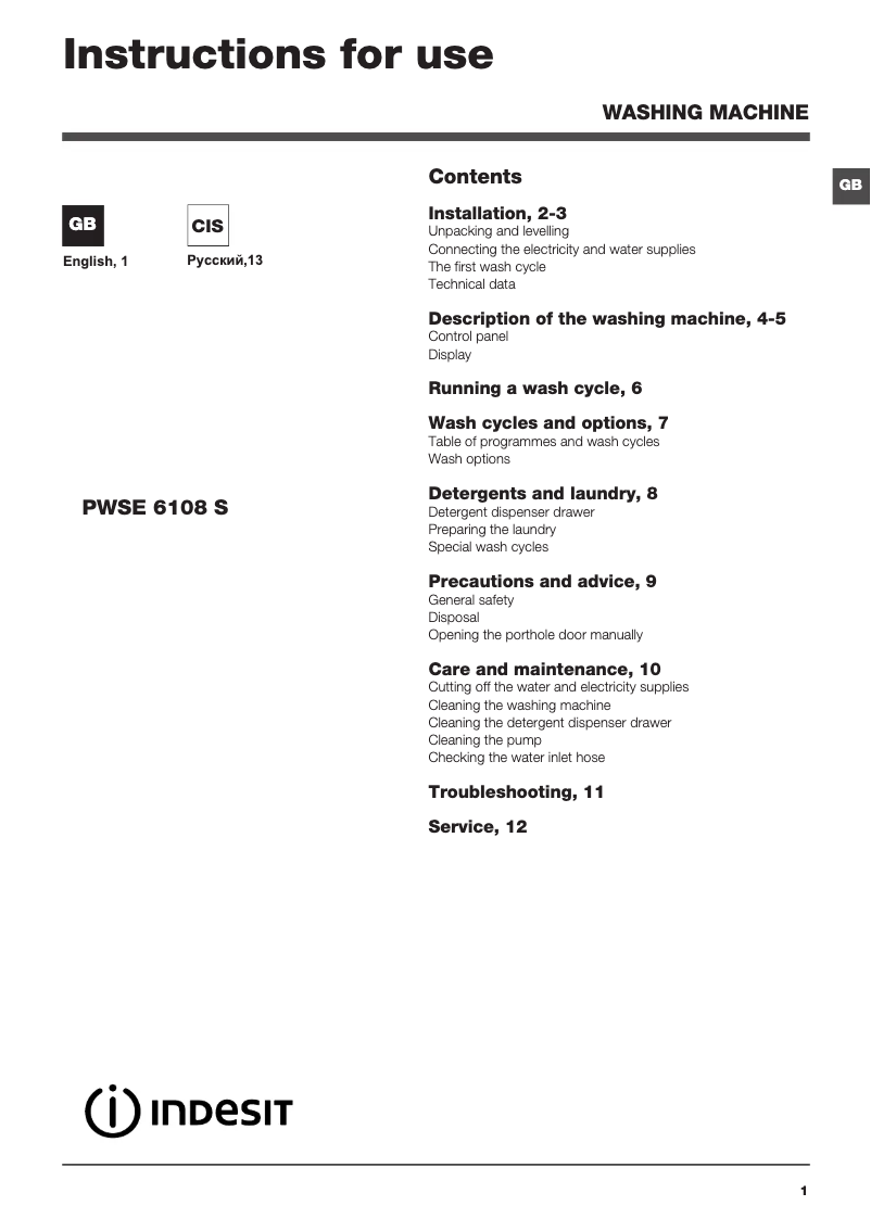 Page n°1 - Manuel utilisateur Indesit PWSE 6108 W