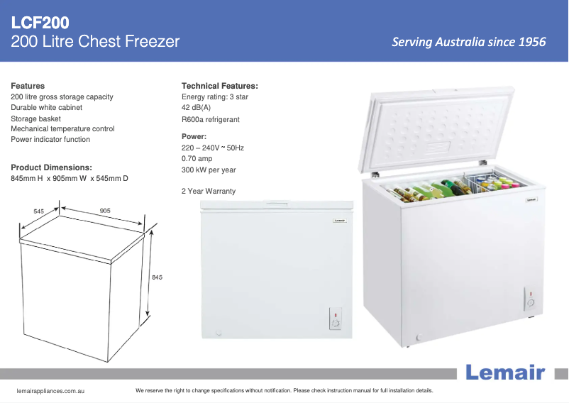 Page 1 de la notice Fiche technique Lemair LCF200