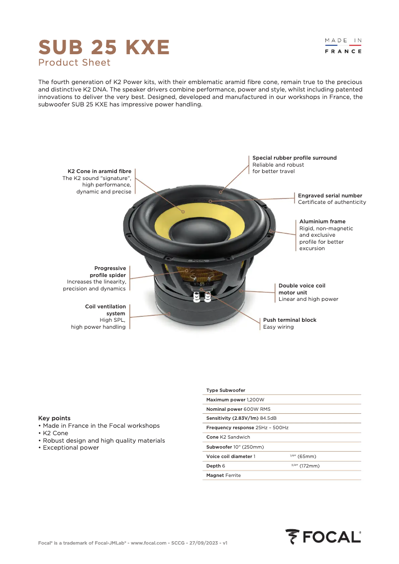 Página 1 del manual Ficha técnica Focal SUB 25 KXE