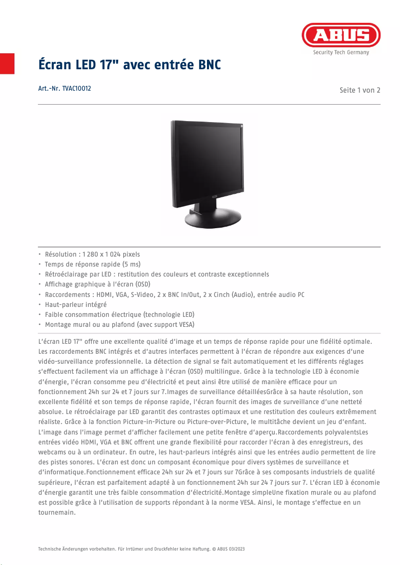 Page 1 de la notice Fiche technique Abus TVAC10012