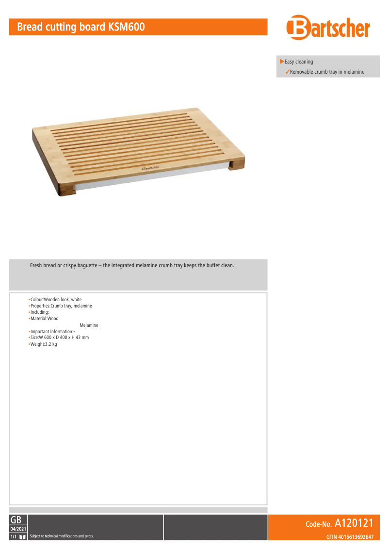 Page 1 de la notice Fiche technique Bartscher KSM600