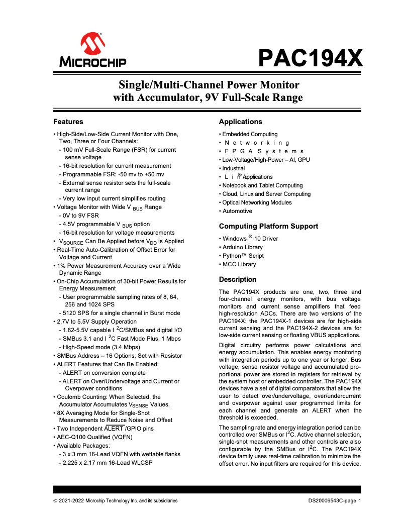 Page 1 de la notice Manuel utilisateur Microchip PAC1943