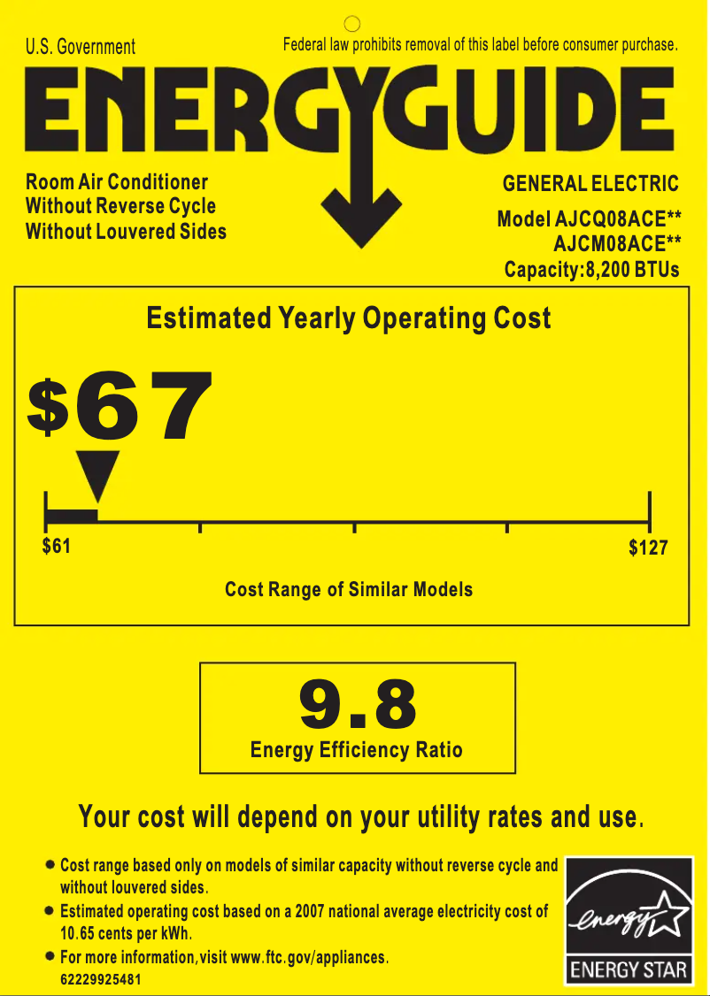 Page 1 de la notice Label énergétique GE AJCQ08ACE