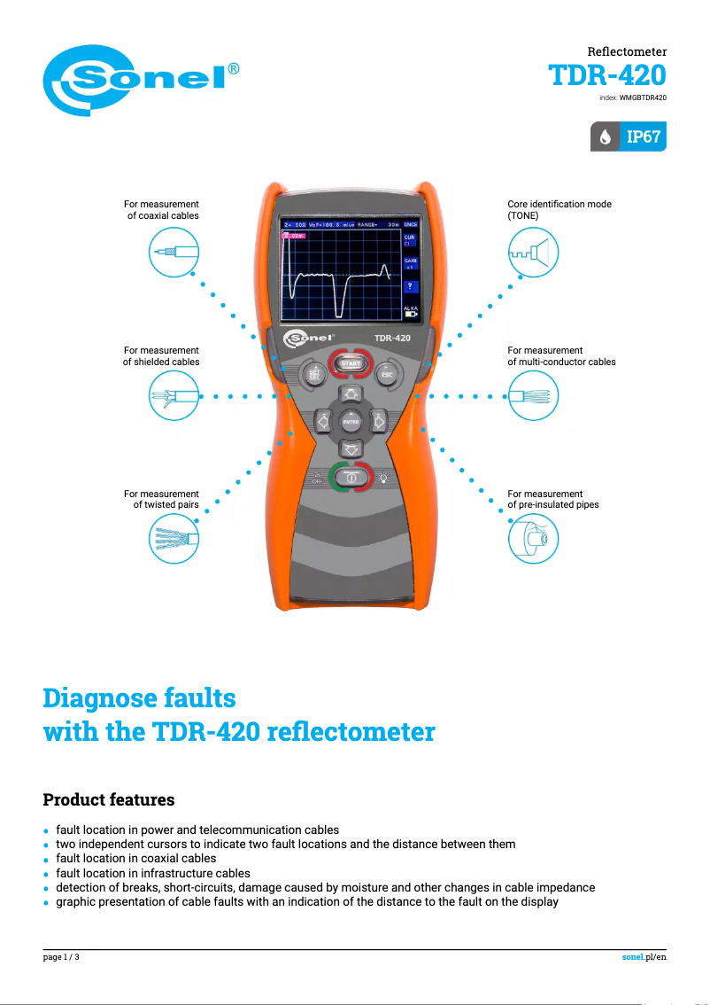 Page 1 de la notice Fiche technique Sonel TDR-420
