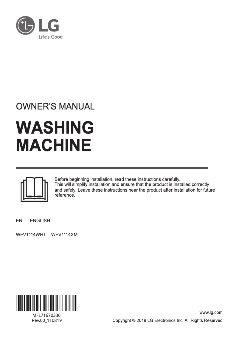 Page 1 de la notice Manuel utilisateur LG WFV1114WHT