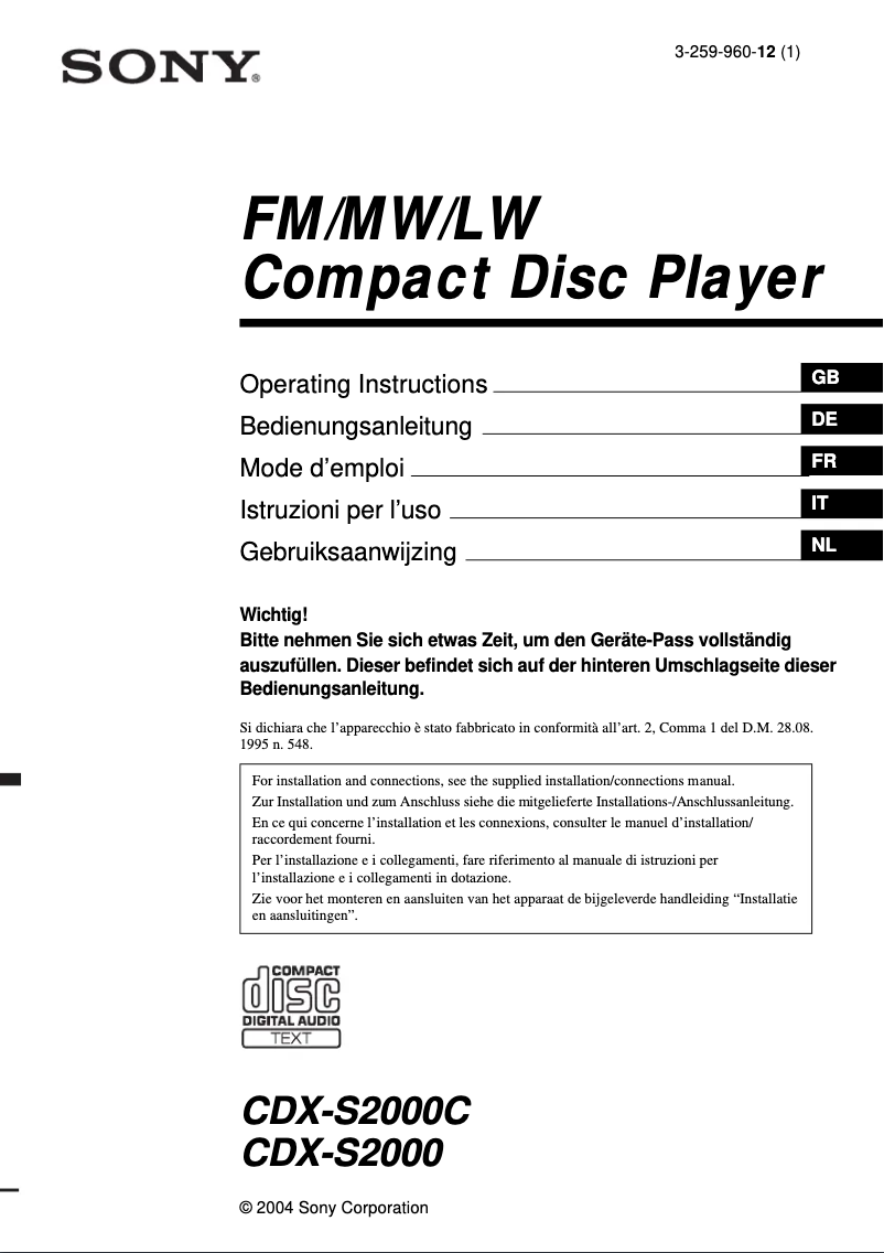 Image de la première page du manuel de l'appareil CDX-S2000C