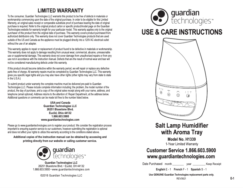 Page n°1 - Manuel utilisateur PureGuardian H1339