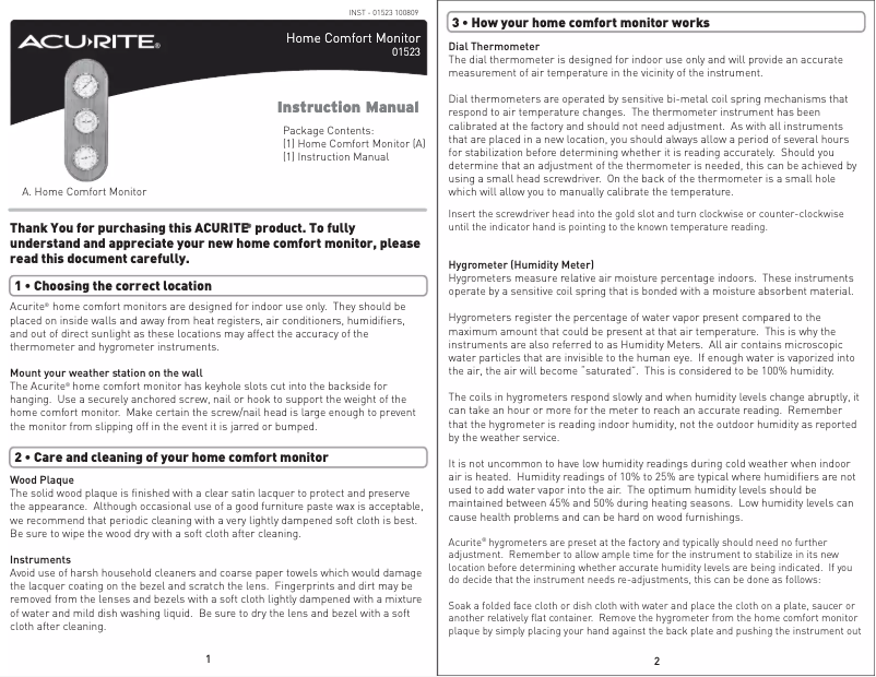 Page 1 de la notice Manuel utilisateur AcuRite Home Comfort Monitor 01523