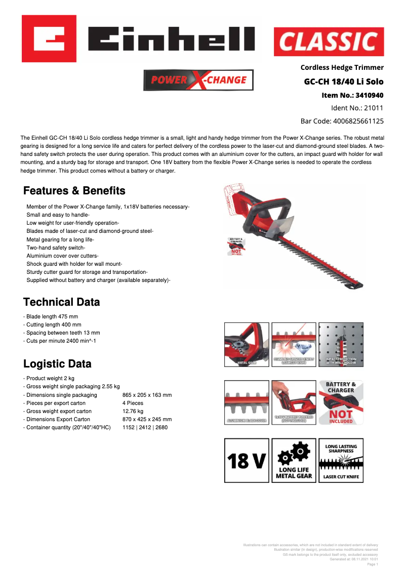 Page 1 de la notice Fiche technique Einhell GC-CH 18/40 Li