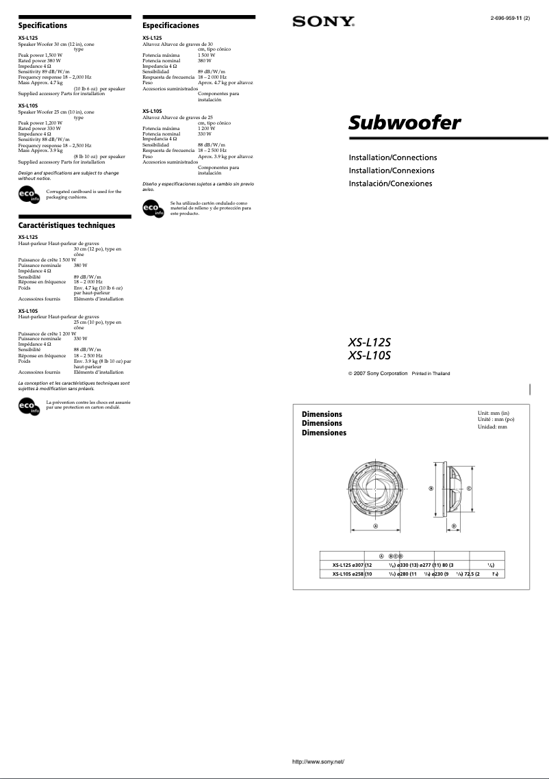Page n°1 - Manuel utilisateur Sony XS-L10S