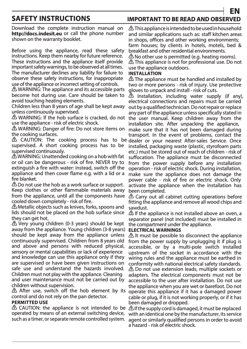 Page 1 de la notice Mode d'emploi Indesit IB 21B77 NE