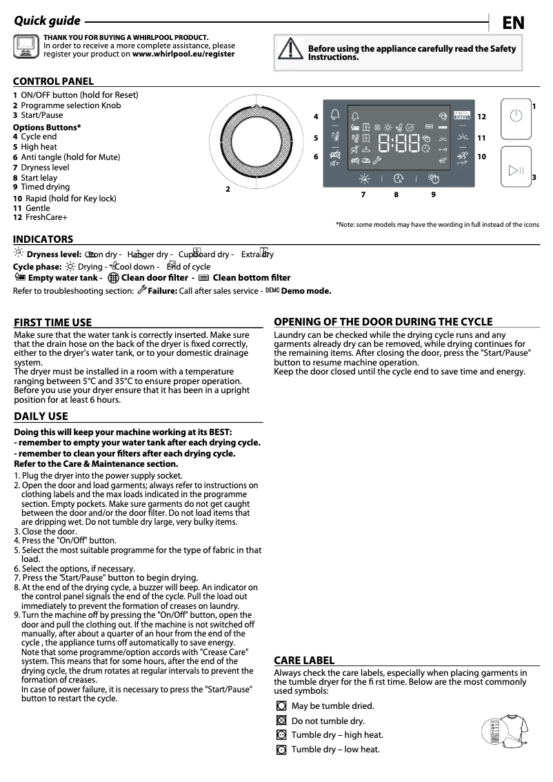 Página 1 del manual Manual de usuario Whirlpool FFT M22 9X2X