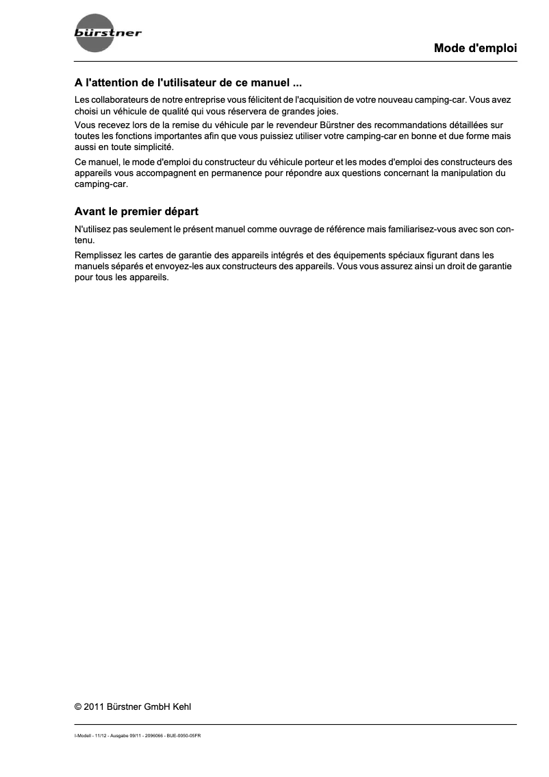 Page 1 de la notice Manuel utilisateur Bürstner Viseo (2012)