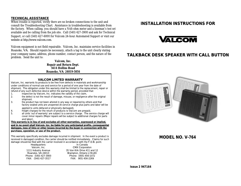 Page n°1 - Manuel utilisateur Valcom Talkback Push Button V-764