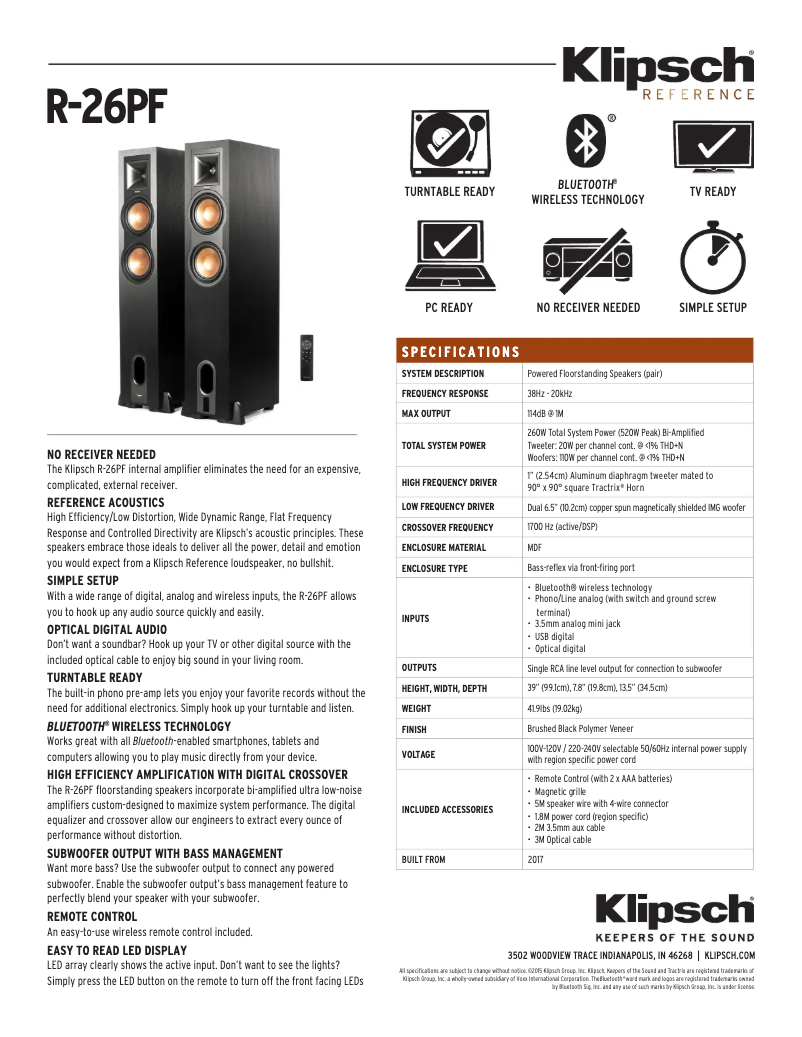 Page 1 de la notice Fiche technique Klipsch Reference R-26PF