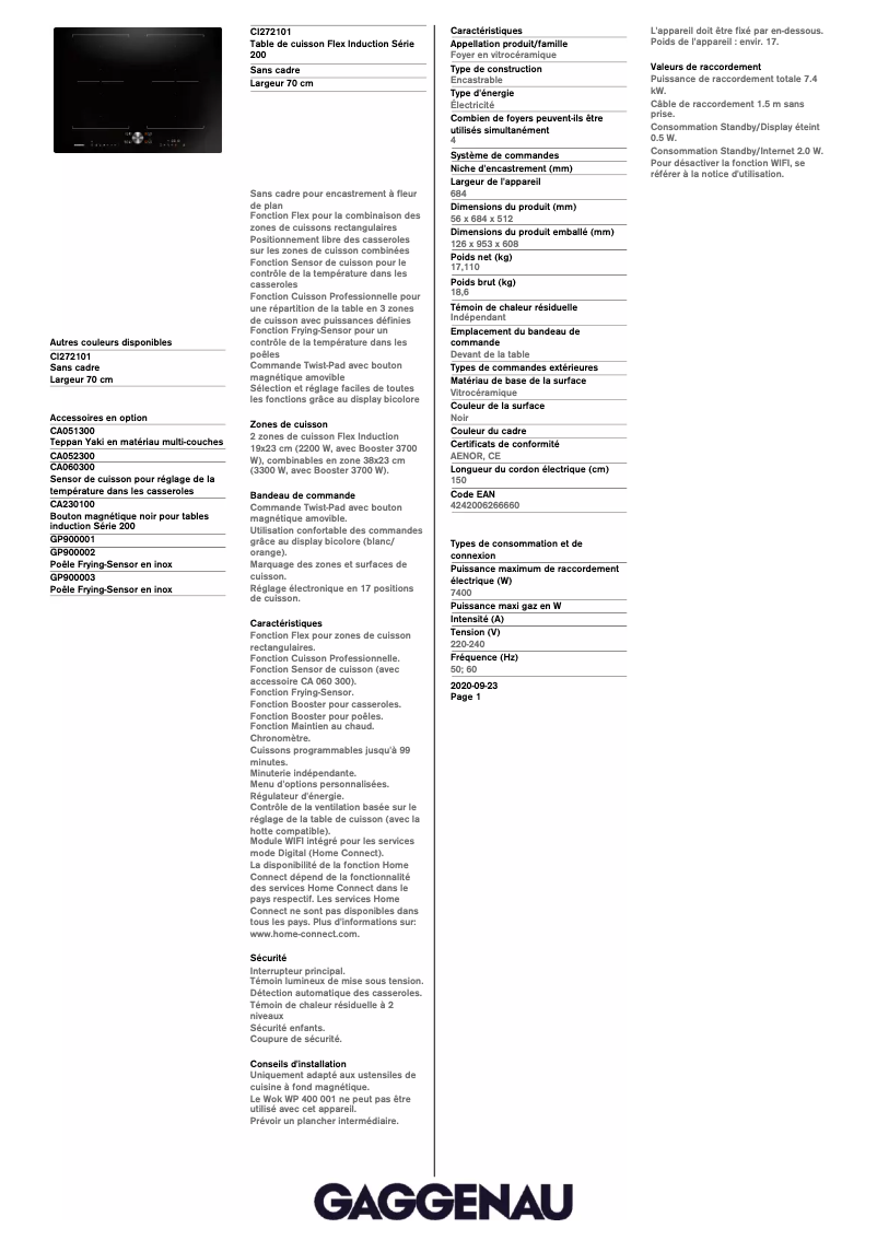 Page n°1 - Fiche technique Gaggenau CI272101