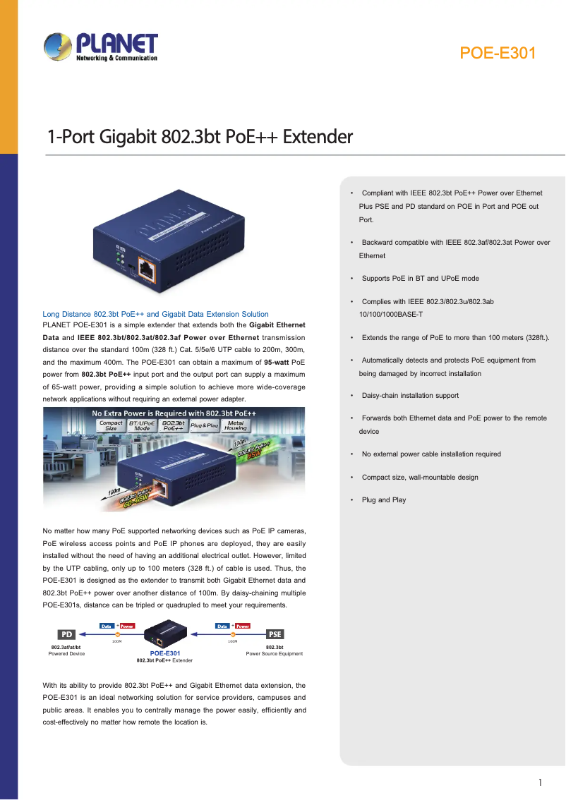 Page 1 de la notice Fiche technique Planet POE-E301