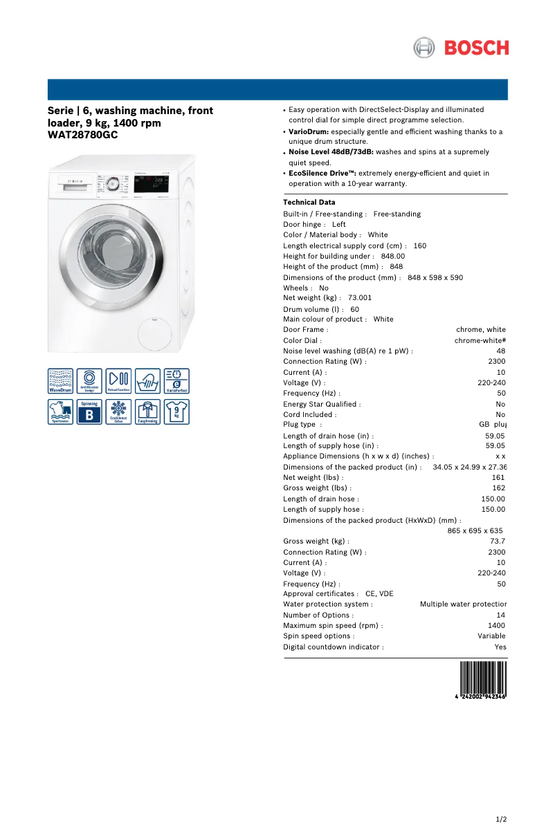 Page 1 de la notice Fiche technique Bosch WAT28780GC