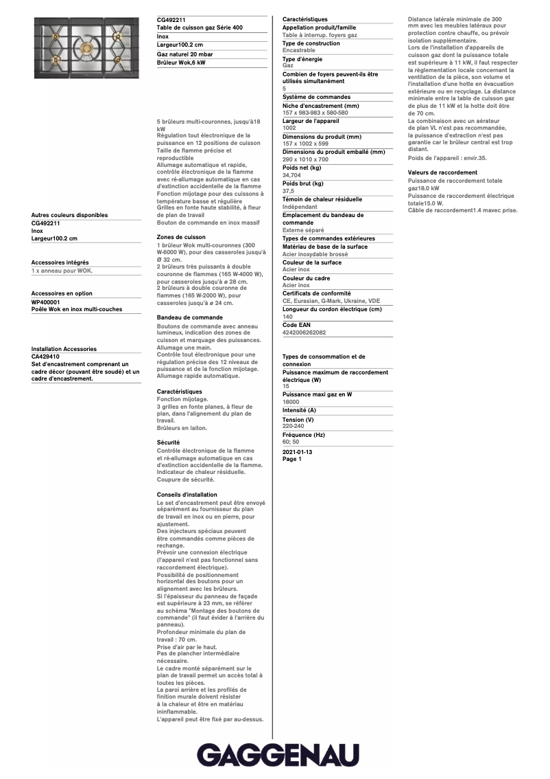 Page 1 of the manual Technical Sheet Gaggenau CG492211