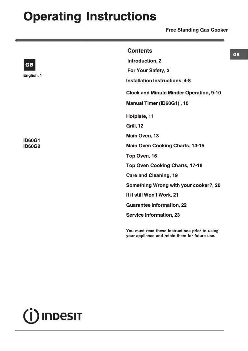 Image de la première page du manuel de l'appareil ID60G2X