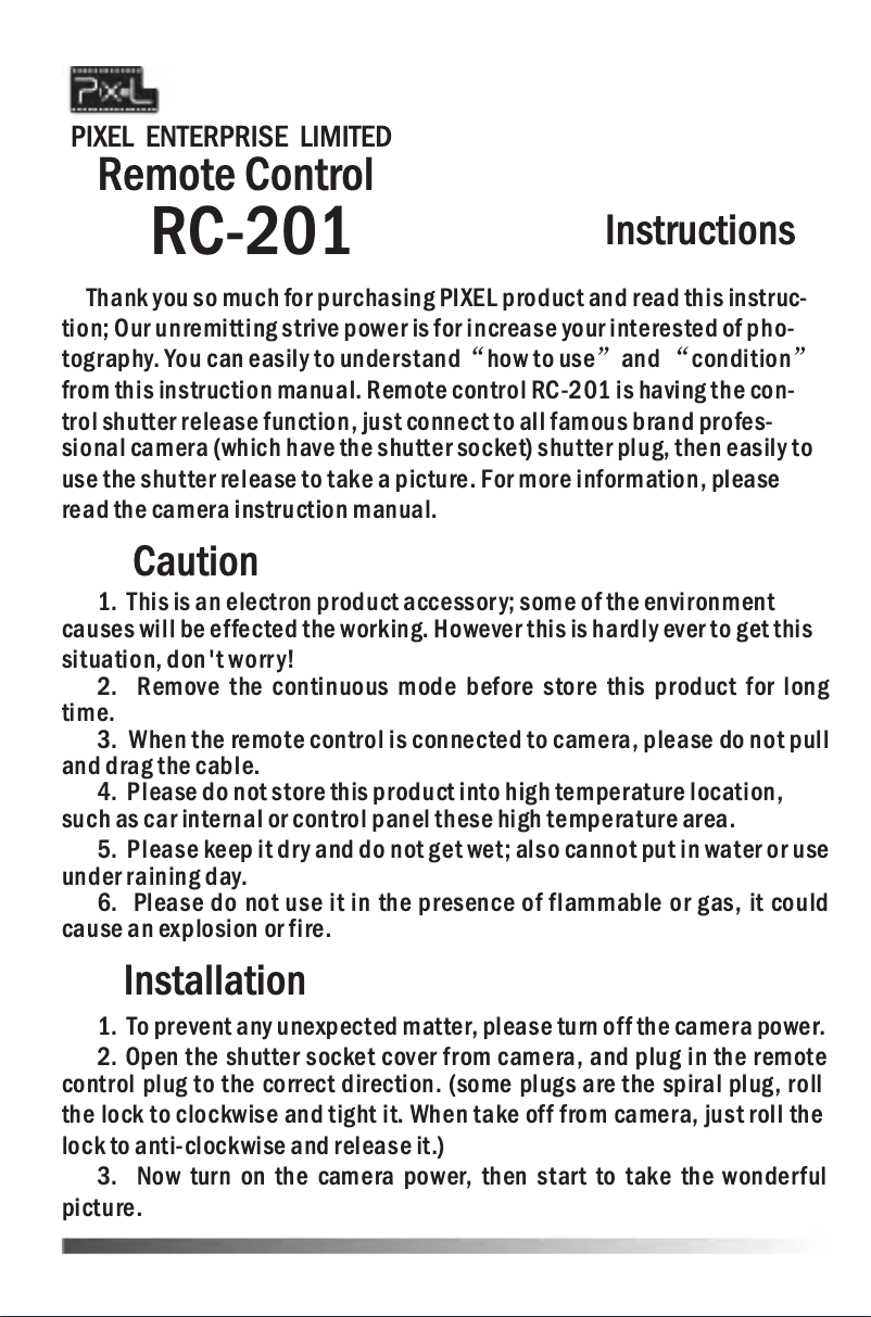 Page 1 de la notice Manuel utilisateur Pixel RC-201
