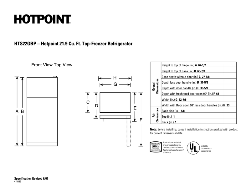 Page 1 de la notice Fiche technique Hotpoint HTS22GBPWW