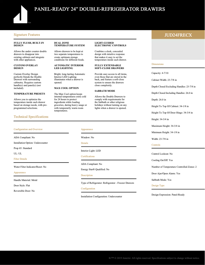 Page n°1 - Fiche technique JennAir JUD24FRECX