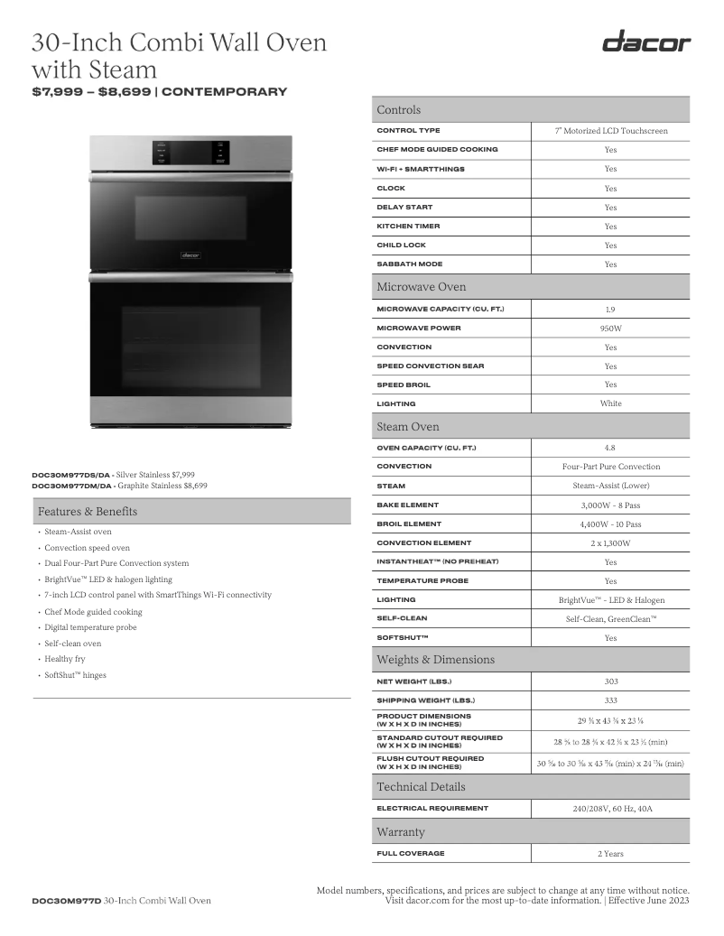 Page n°1 - Fiche technique Dacor Modernist DOC30M977DS