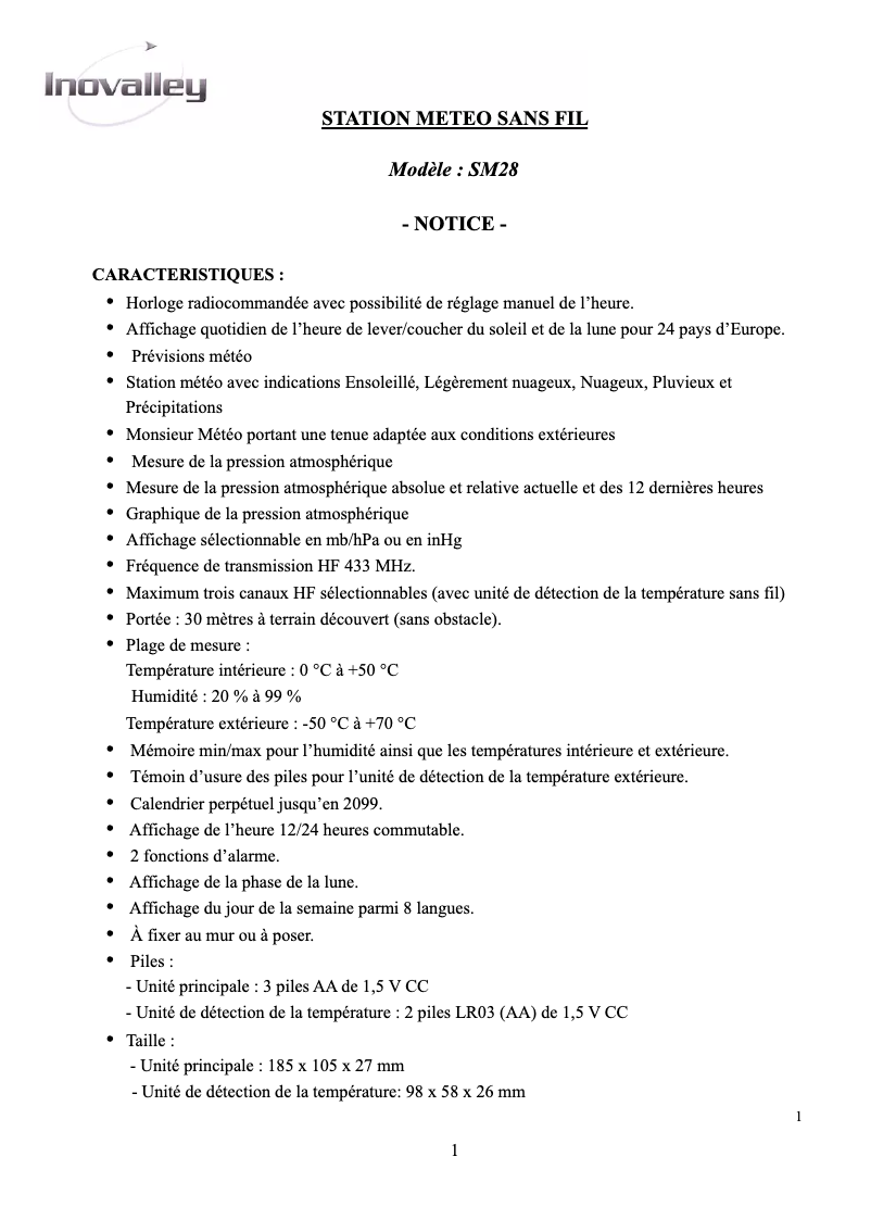 Page n°1 - Manuel utilisateur Inovalley SM28
