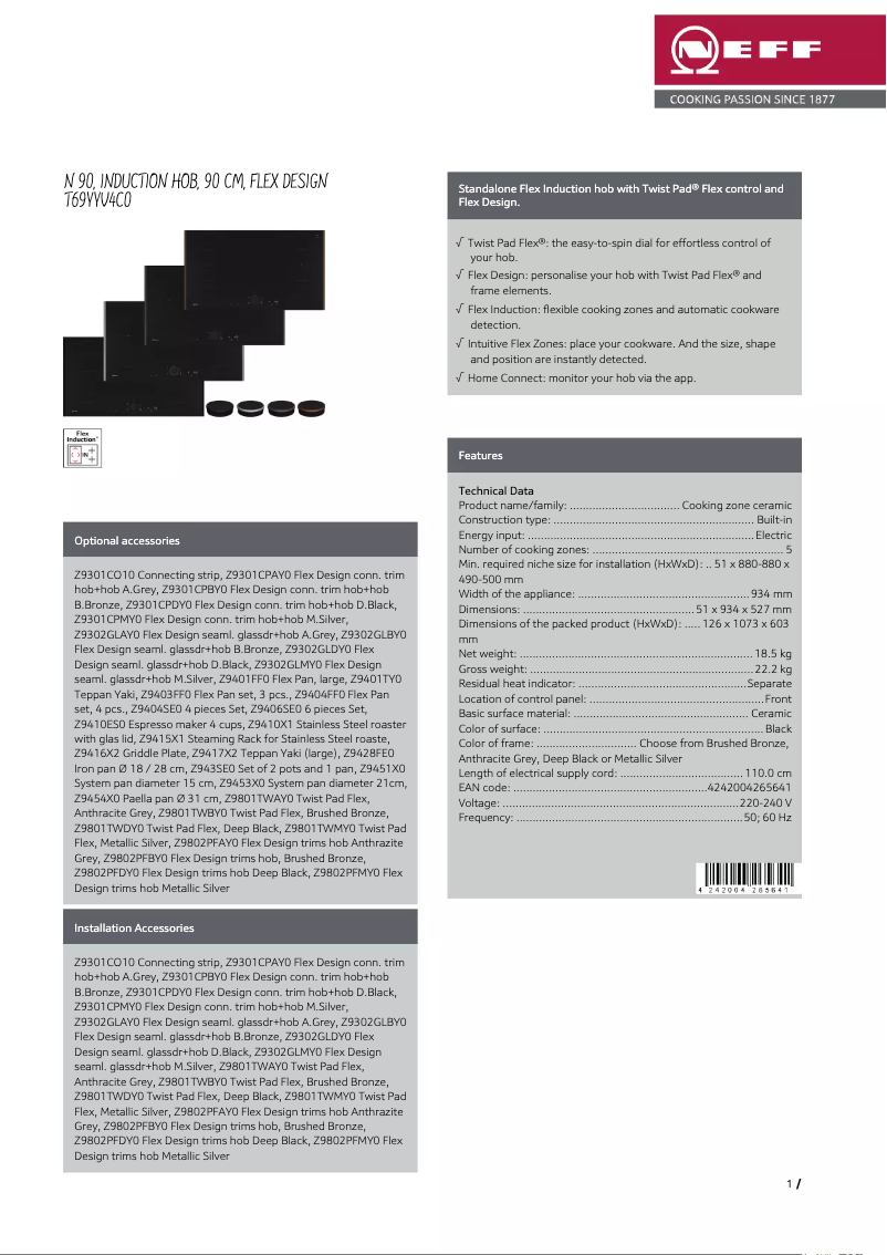 Page 1 de la notice Fiche technique Neff T69YYV4C0