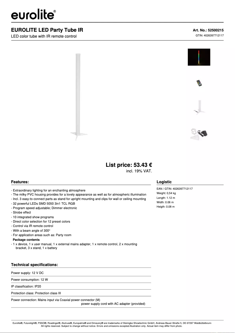 Page 1 de la notice Fiche technique Eurolite LED Party Tube IR