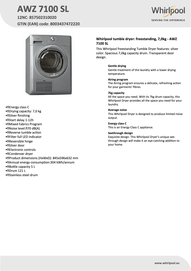 Página 1 del manual Ficha técnica Whirlpool AWZ 7100 SL