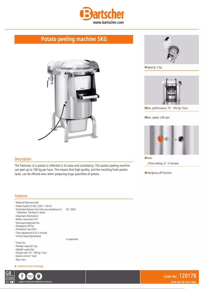 Page 1 de la notice Fiche technique Bartscher A120181