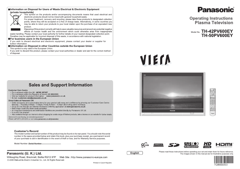 Page 1 de la notice Manuel utilisateur Panasonic Viera TH-50PV600EY