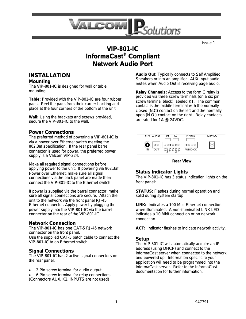 Page 1 de la notice Manuel utilisateur Valcom VIP-801